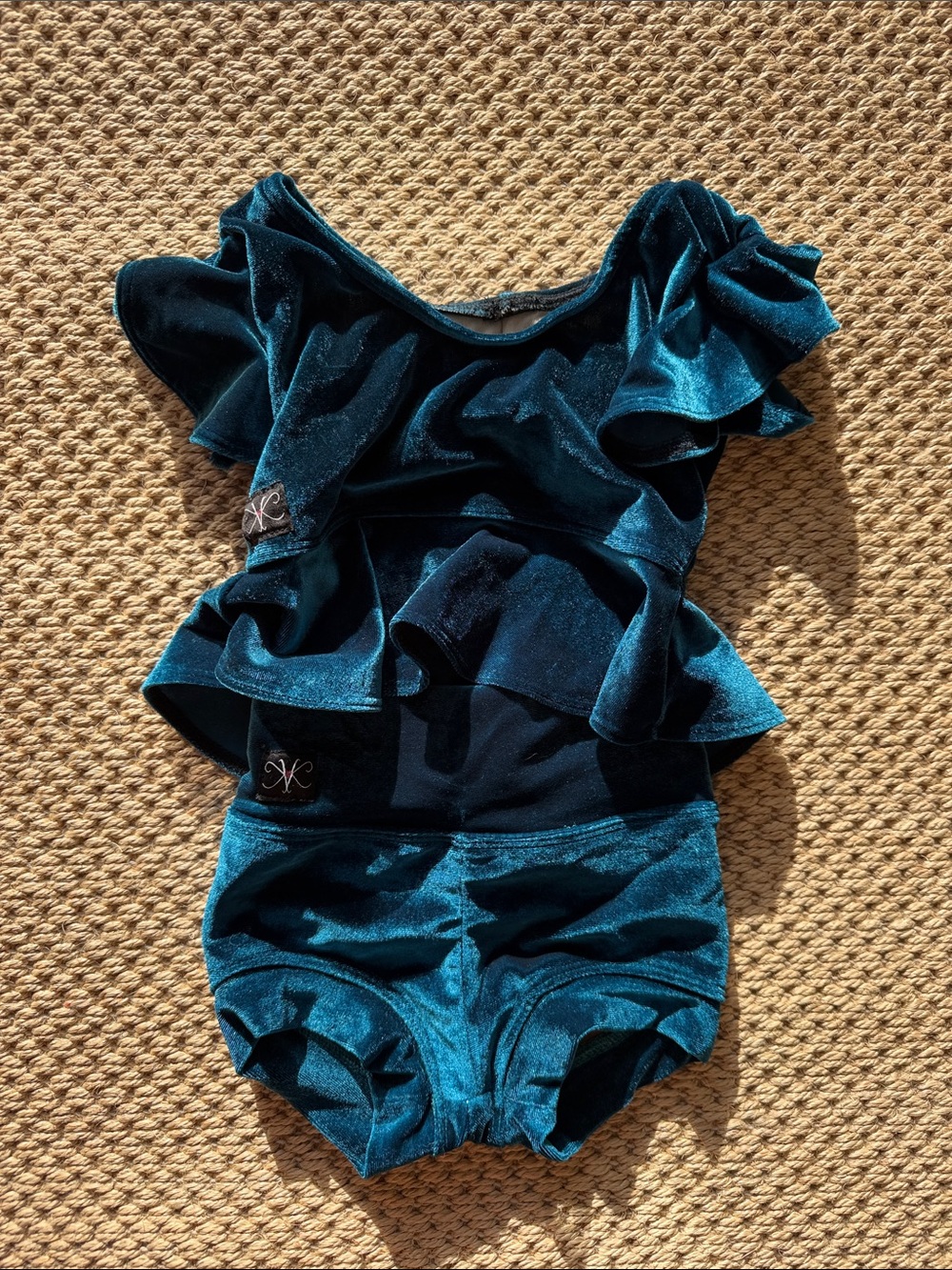 Kandi Kouture Girls Teal Velvet Ruffle Dance Leotard Costume size child small